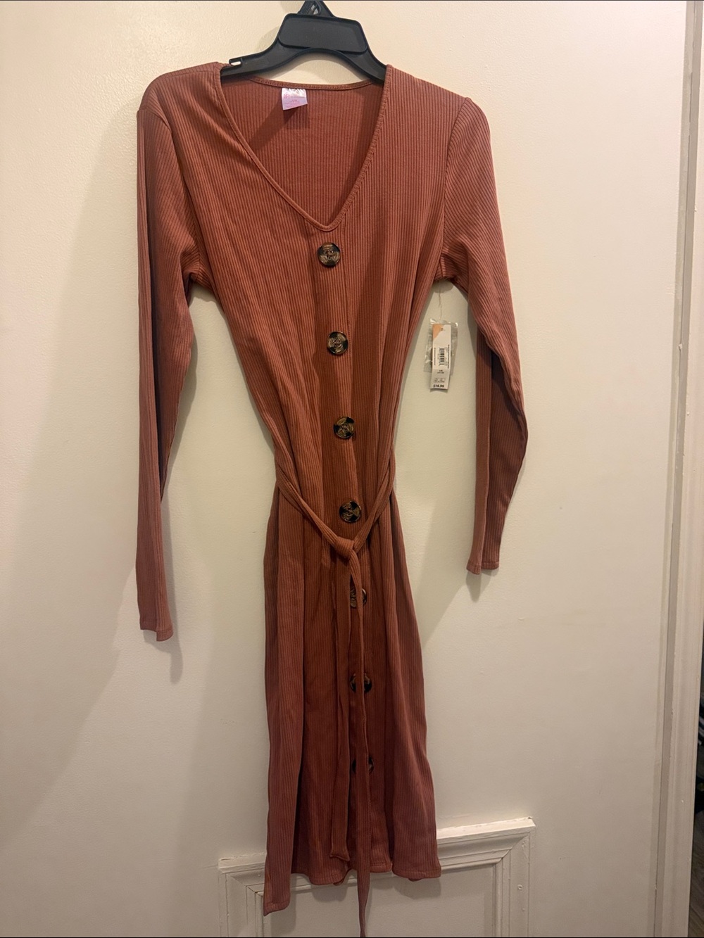 No Boundaries Long Sleeve Button-Front Ribbed Dress in - Size: Large (Juniors)